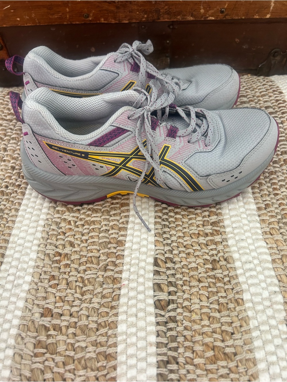 Asics Gray Running Sneakers with Purple & Yellow Accents